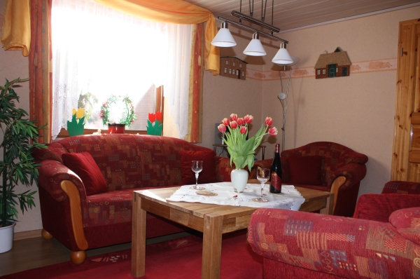 Wohnzimmer der Ferienwohnung Lthje in Hochdonn in Dithmarschen am Nord-Ostsee-Kanal mit Spielen, Bchern, SAT-TV 